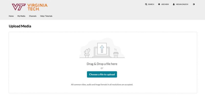 Screenshot of the navigation menu bar for the video.vt.edu website with Media Upload selected.