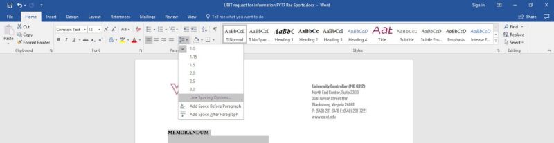 Word Line Spacing Menu