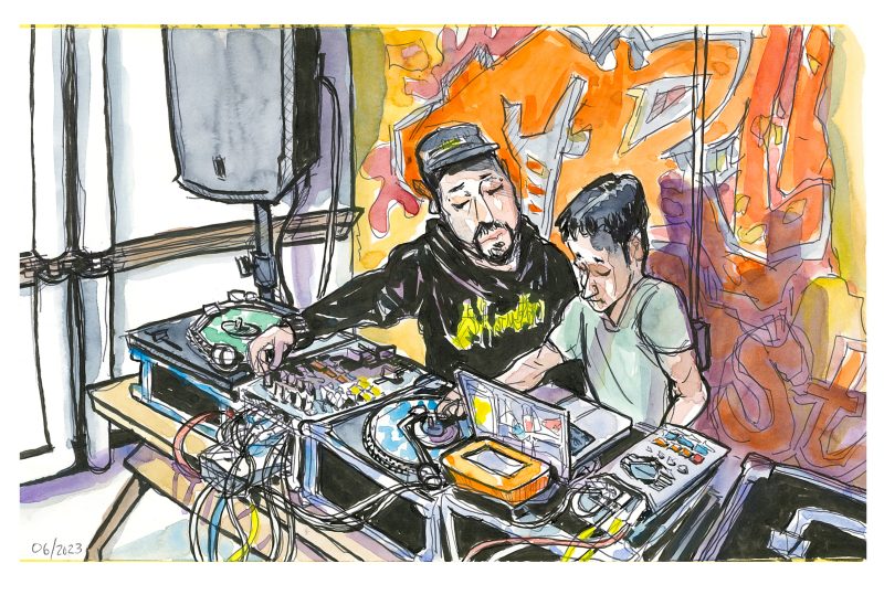 Illustration of a DJ teaching a person how to use a turntable.