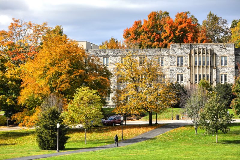 Fall colors on trees surround limestone-faced buildings.